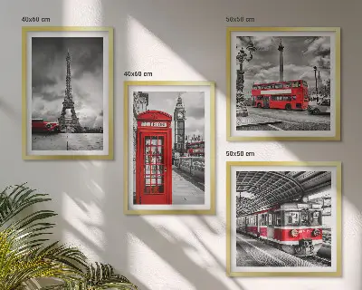 Polittico con cornice città iconiche Londra e Parigi con tema ferroviario