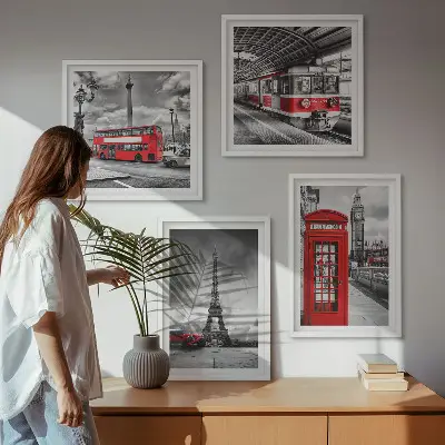 Polittico con cornice città iconiche Londra e Parigi con tema ferroviario