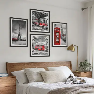 Polittico con cornice città iconiche Londra e Parigi con tema ferroviario