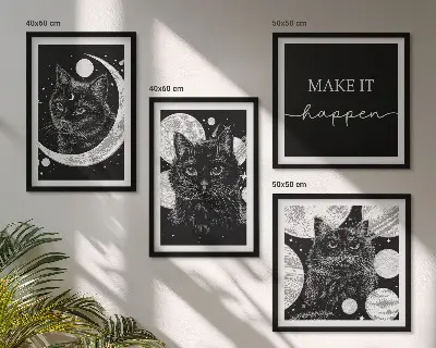 Galleria a parete con gatti neri luna e pianeta