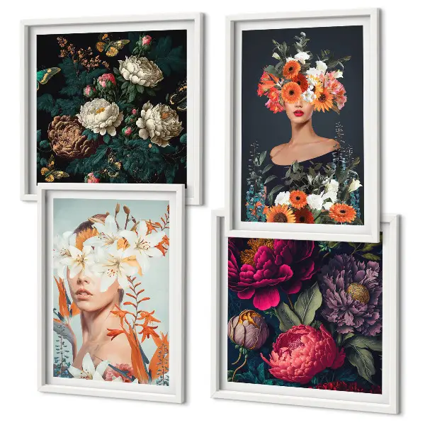 Composizione di 4 quadri con ritratti di bouquet floreali e foglie