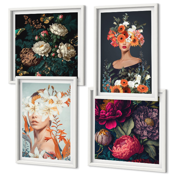 Composizione di 4 quadri ritratti floreali bouquet foglie