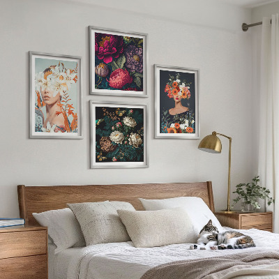 Composizione di 4 quadri ritratti floreali bouquet foglie