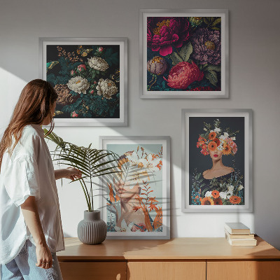 Composizione di 4 quadri ritratti floreali bouquet foglie