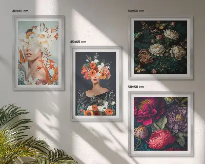 Composizione di 4 quadri con ritratti di bouquet floreali e foglie