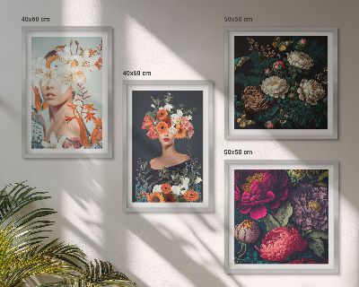 Composizione di 4 quadri ritratti floreali bouquet foglie