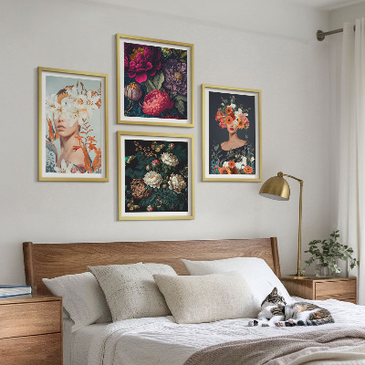 Composizione di 4 quadri ritratti floreali bouquet foglie