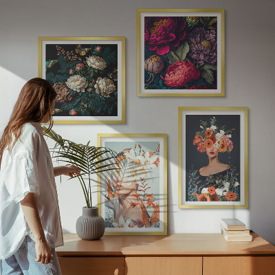 Composizione di 4 quadri ritratti floreali bouquet foglie
