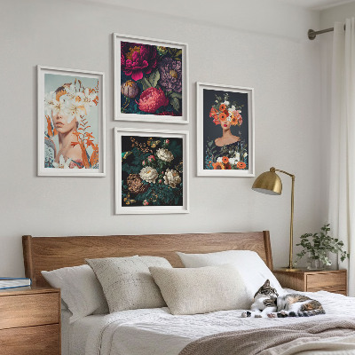 Composizione di 4 quadri ritratti floreali bouquet foglie
