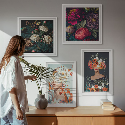 Composizione di 4 quadri ritratti floreali bouquet foglie