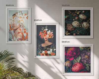 Composizione di 4 quadri ritratti floreali bouquet foglie