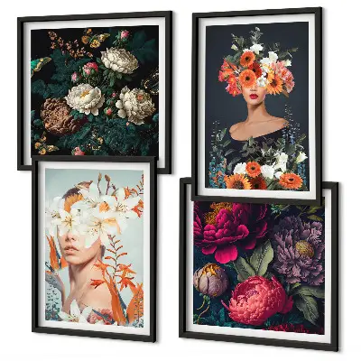 Composizione di 4 quadri con ritratti di bouquet floreali e foglie