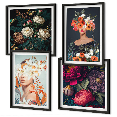 Composizione di 4 quadri ritratti floreali bouquet foglie
