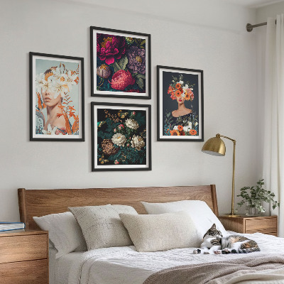 Composizione di 4 quadri ritratti floreali bouquet foglie
