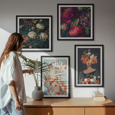 Composizione di 4 quadri ritratti floreali bouquet foglie