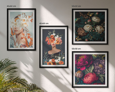 Composizione di 4 quadri ritratti floreali bouquet foglie