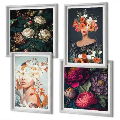 Composizione di 4 quadri con ritratti di bouquet floreali e foglie