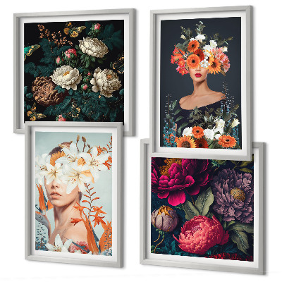 Composizione di 4 quadri ritratti floreali bouquet foglie