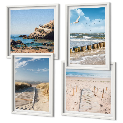 Polittico con cornice Spiaggia, sabbia, onde, cielo, uccelli