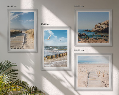Polittico con cornice Spiaggia, sabbia, onde, cielo, uccelli