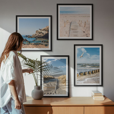 Polittico con cornice Spiaggia, sabbia, onde, cielo, uccelli