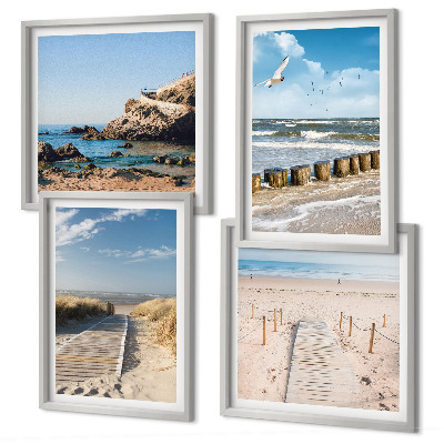 Polittico con cornice Spiaggia, sabbia, onde, cielo, uccelli