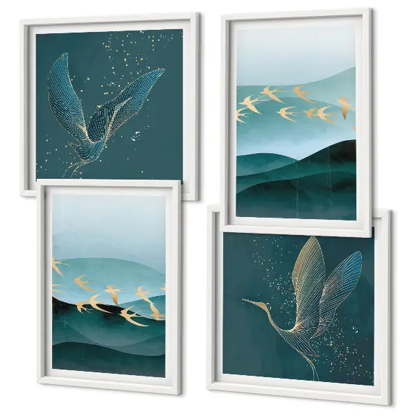 Quadro con paesaggio astratto di stormi di uccelli con cornice polittico