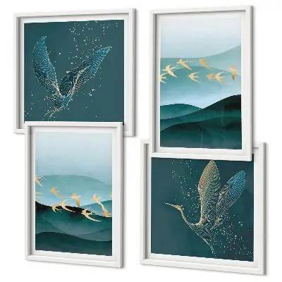 Quadro con paesaggio astratto di stormi di uccelli con cornice polittico