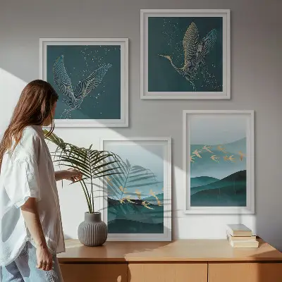 Quadro con paesaggio astratto di stormi di uccelli con cornice polittico