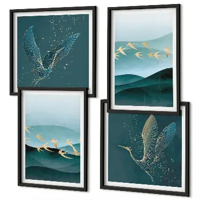 Quadro con paesaggio astratto di stormi di uccelli con cornice polittico