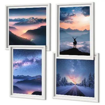 Galleria a parete con stampa di montagne nella nebbia sotto un cielo stellato con cervo