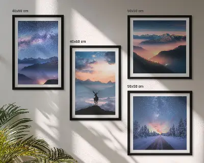 Galleria a parete con stampa di montagne nella nebbia sotto un cielo stellato con cervo