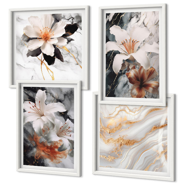 Composizione di 4 quadri Fiori marmo bianco nero