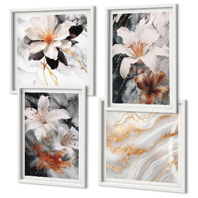 Composizione di 4 quadri Fiori marmo bianco nero
