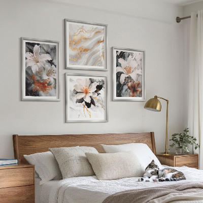 Composizione di 4 quadri Fiori marmo bianco nero