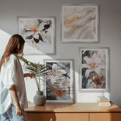 Composizione di 4 quadri Fiori marmo bianco nero