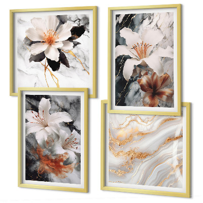 Composizione di 4 quadri Fiori marmo bianco nero