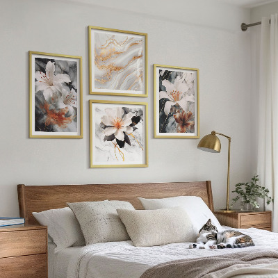 Composizione di 4 quadri Fiori marmo bianco nero
