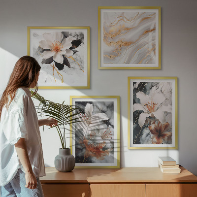 Composizione di 4 quadri Fiori marmo bianco nero