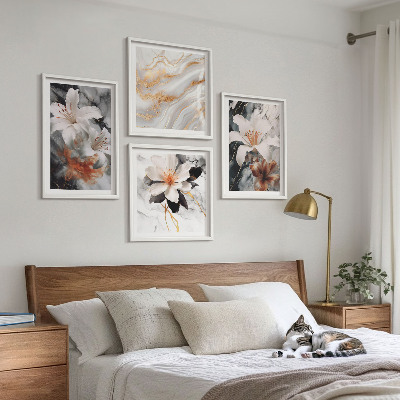Composizione di 4 quadri Fiori marmo bianco nero
