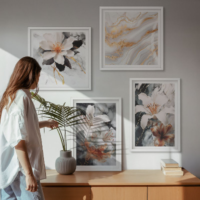 Composizione di 4 quadri Fiori marmo bianco nero