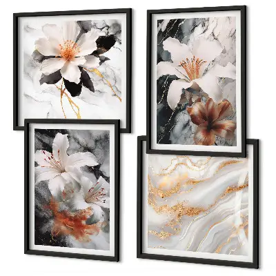 Composizione di 4 quadri fiori marmo bianco e nero