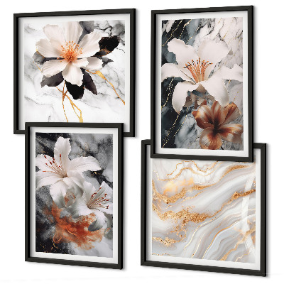 Composizione di 4 quadri Fiori marmo bianco nero