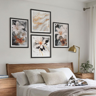 Composizione di 4 quadri Fiori marmo bianco nero