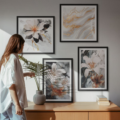 Composizione di 4 quadri Fiori marmo bianco nero