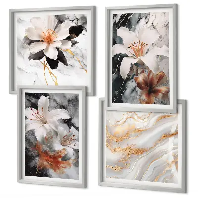 Composizione di 4 quadri fiori marmo bianco e nero