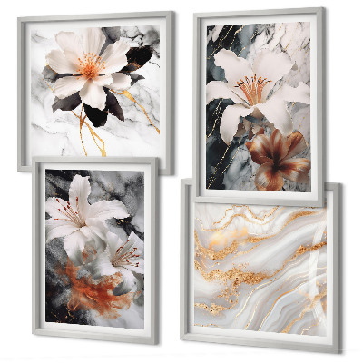 Composizione di 4 quadri Fiori marmo bianco nero