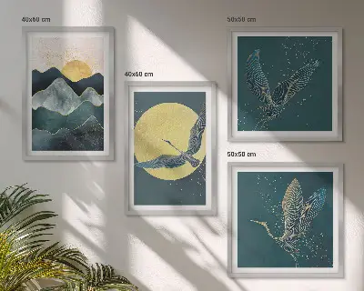 Composizione di 4 quadri con uccelli, gru, luna e montagne