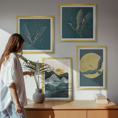 Composizione di 4 quadri Uccelli gru luna montagne