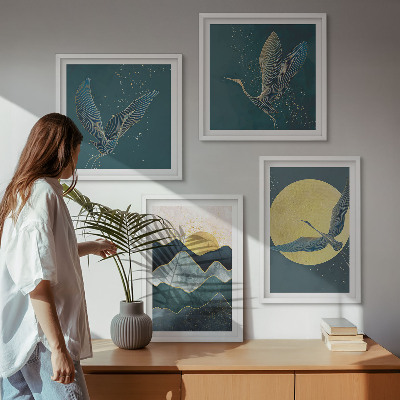 Composizione di 4 quadri Uccelli gru luna montagne